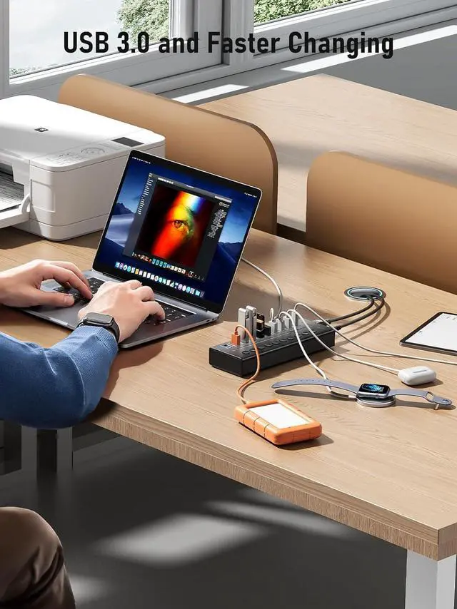 Alt view image 2 of 7 - Lemorele 72W Powered USB Hub - 10-Port Splitter Hub (7 Data Transfer + 1 Smart USB Charging + 2 USB C Charging) with Individual LED On/Off Switches, USB 3.0 Hub, for Mac, PC & More