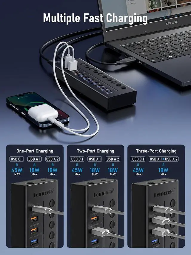 Alt view image 3 of 7 - Lemorele 72W Powered USB Hub - 10-Port Splitter Hub (7 Data Transfer + 1 Smart USB Charging + 2 USB C Charging) with Individual LED On/Off Switches, USB 3.0 Hub, for Mac, PC & More