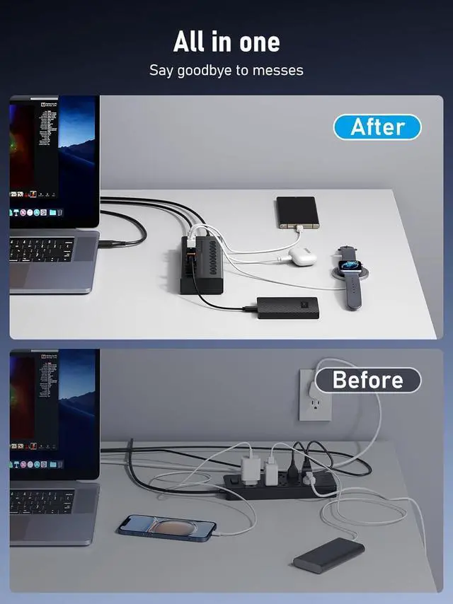 Alt view image 4 of 7 - Lemorele 72W Powered USB Hub - 10-Port Splitter Hub (7 Data Transfer + 1 Smart USB Charging + 2 USB C Charging) with Individual LED On/Off Switches, USB 3.0 Hub, for Mac, PC & More