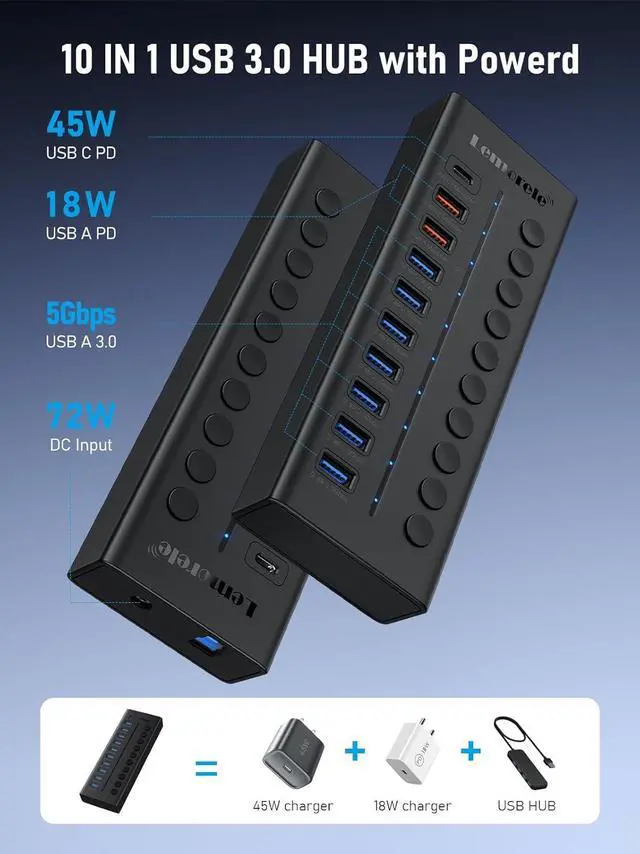 Alt view image 5 of 7 - Lemorele 72W Powered USB Hub - 10-Port Splitter Hub (7 Data Transfer + 1 Smart USB Charging + 2 USB C Charging) with Individual LED On/Off Switches, USB 3.0 Hub, for Mac, PC & More