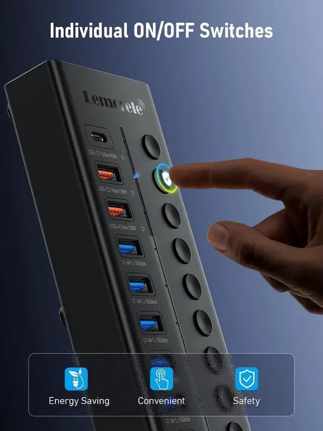 Alt view image 7 of 7 - Lemorele 72W Powered USB Hub - 10-Port Splitter Hub (7 Data Transfer + 1 Smart USB Charging + 2 USB C Charging) with Individual LED On/Off Switches, USB 3.0 Hub, for Mac, PC & More