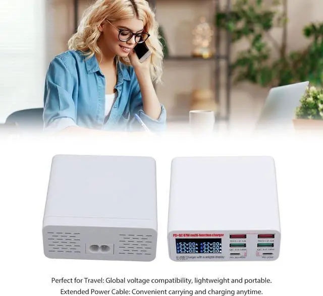 Alt view image 2 of 7 - USB Multiple Devices Charging Station, 87W USB A USB C USB Hub, Hub with 6 Ports LCD Screen QC3.0 PD Fast Charging USB Power Strip (US Plug)