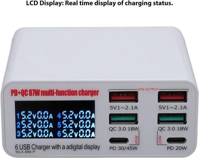 Alt view image 5 of 7 - USB Multiple Devices Charging Station, 87W USB A USB C USB Hub, Hub with 6 Ports LCD Screen QC3.0 PD Fast Charging USB Power Strip (US Plug)