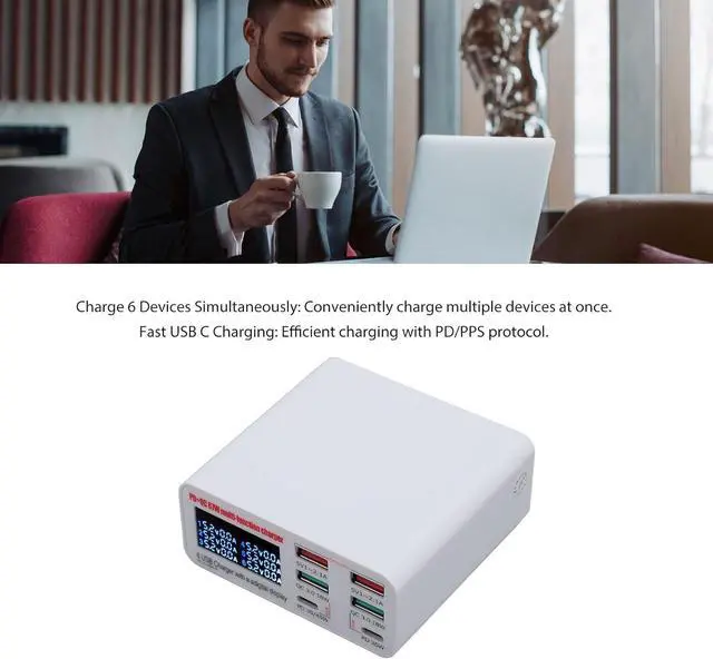 Alt view image 3 of 7 - USB Multiple Devices Charging Station, 87W USB A USB C USB Hub, Hub with 6 Ports LCD Screen QC3.0 PD Fast Charging USB Power Strip (US Plug)