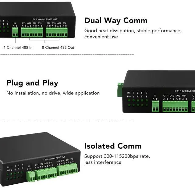 Alt view image 2 of 7 - Bidirectional Comm RS485 Hub, 1-8 Industrial Isolation Splitter, 32 Node Connection, 1200m Transmission Distance, Photoelectric Isolation