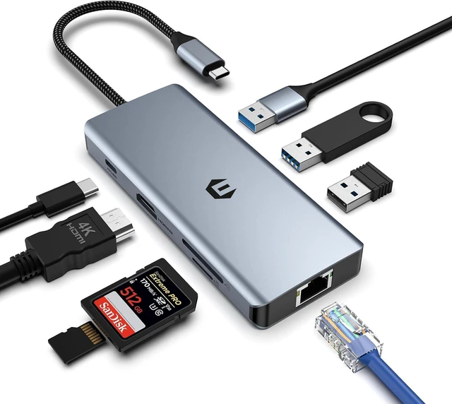 Main image of USB C Hub, 8 in 1 USB C Adapter, Dual Monitor 4K HDMI, USB C Docking Hub for Mac Pro/Air(Network, USB 2.0, 5 Gbps USB 3.0,PD 100W,SD/TF Reader) for Dell, Surface, HP, Lenovo