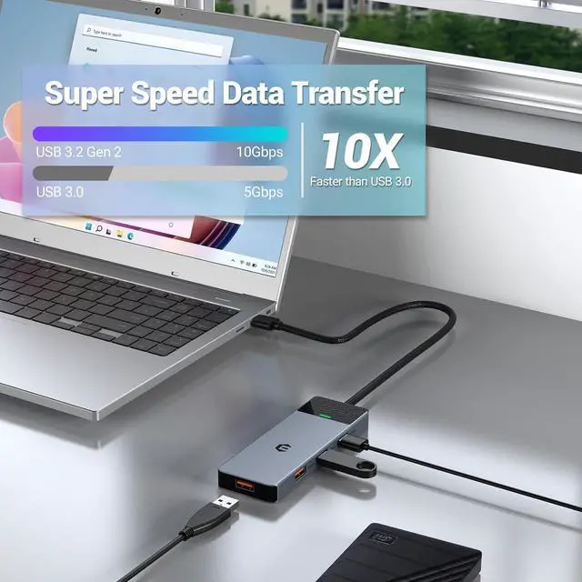 Alt view image 2 of 7 - oditton 4in 1 USB Hub, USB 3.2 Hub, USB Splitter Multiport Adapter 10Gbps Data Hub with 1.6ft/50cm Extended Line for MacBook Air/Pro, iMac, Dell Desktop, HP Desktop, Surface, Tesla Model 3, Mobile HDD