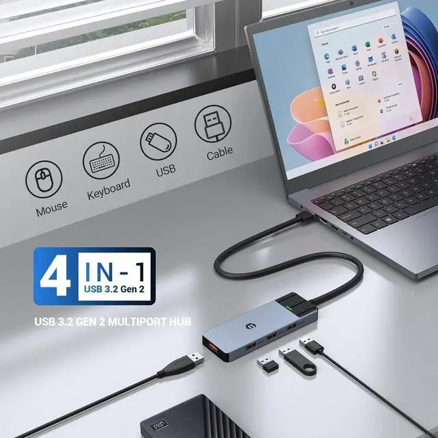 Alt view image 4 of 7 - oditton 4in 1 USB Hub, USB 3.2 Hub, USB Splitter Multiport Adapter 10Gbps Data Hub with 1.6ft/50cm Extended Line for MacBook Air/Pro, iMac, Dell Desktop, HP Desktop, Surface, Tesla Model 3, Mobile HDD