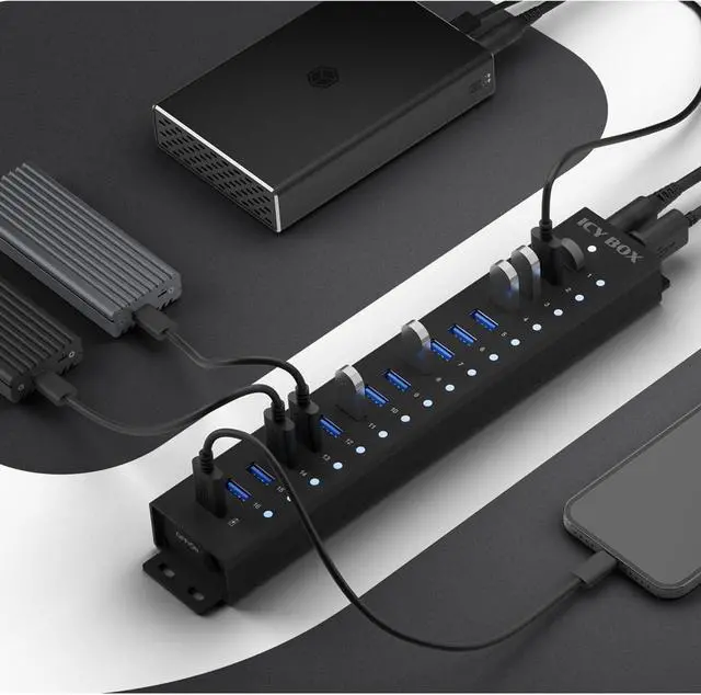 Alt view image 2 of 6 - ICY BOX USB HUB (17 Ports) 16x USB & 1x USB Charging, USB 3.2 Gen 1 (5 Gbit/s per Port), with 96 W Power Supply, USB-A, Aluminium, IB-HUB1717-U3