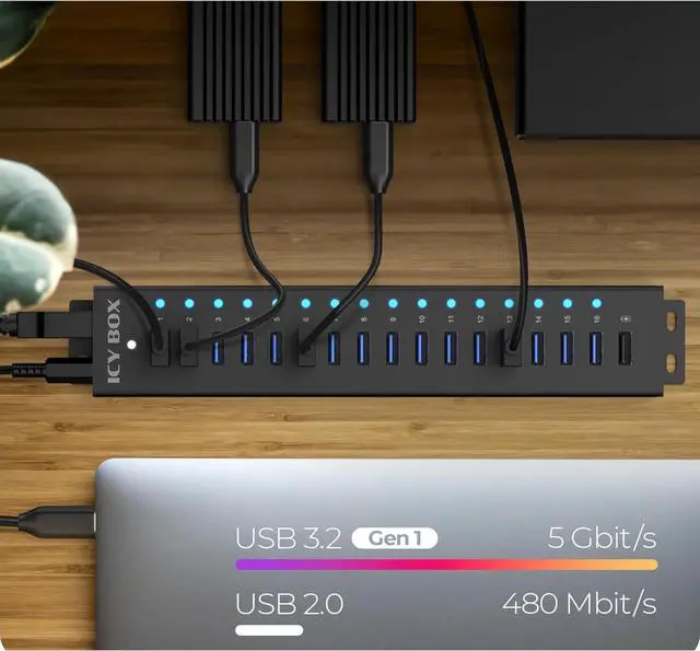 Alt view image 4 of 6 - ICY BOX USB HUB (17 Ports) 16x USB & 1x USB Charging, USB 3.2 Gen 1 (5 Gbit/s per Port), with 96 W Power Supply, USB-A, Aluminium, IB-HUB1717-U3
