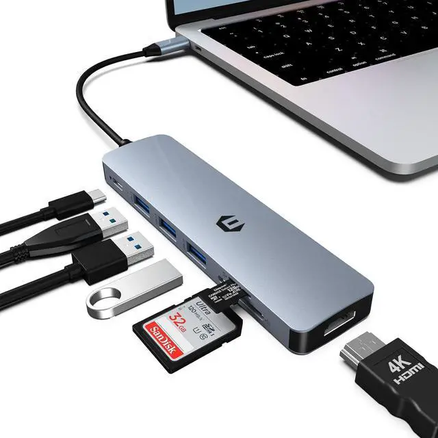 Main image of 7 in 1 USB C Hub, USB C Adapter MacBook Pro/Air Ipad Pro Adapter, Support 4K-HDMI Output, 100W PD, 3 * USB 3.0, TF Card Reader, Compatible for Laptop, Surface Pro 8 and Other Type C Devices