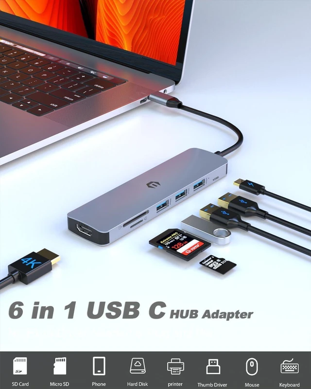 Alt view image 6 of 6 - 6-in-1 USB C Hub Docking Station with 4K HDMI Adapter, USB 3.0/2.0 Ports, SD/TF Card Reader, Dual Monitor Type C Multiport Adapter Docking Station for iPad Pro, MacBook Pro Air, Surface Pro