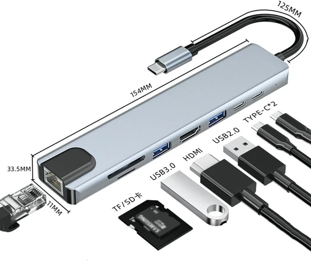 Alt view image 2 of 7 - Multifunction 8 in 1 USB Hub Multiport Adapter - USB Ports 4K HDMI Output PD, USB Port Expander, Portable Space Aluminum Dongle with 4K HDMI Output