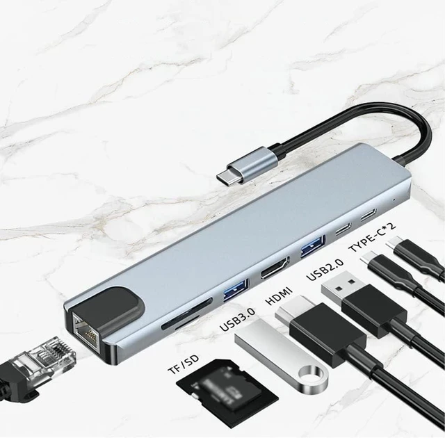 Alt view image 3 of 7 - Multifunction 8 in 1 USB Hub Multiport Adapter - USB Ports 4K HDMI Output PD, USB Port Expander, Portable Space Aluminum Dongle with 4K HDMI Output