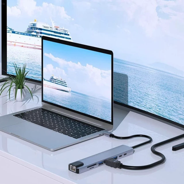 Alt view image 5 of 7 - Multifunction 8 in 1 USB Hub Multiport Adapter - USB Ports 4K HDMI Output PD, USB Port Expander, Portable Space Aluminum Dongle with 4K HDMI Output