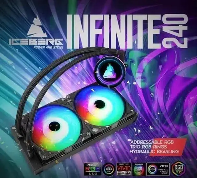 Alt view image 3 of 4 - Iceberg Infinite 240 high-Performance Gaming PC aRGB Liquid Cooling, Water Cooler for CPU Intel or AMD with 240mm Radiator and Two RGB 120mm Fans (Black)