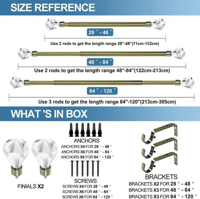 Alt view image 4 of 6 - Urbanest Pierre Cut Crystal Drapery Curtain Rod Set 3/4" (Antique Brass, 28"-48")