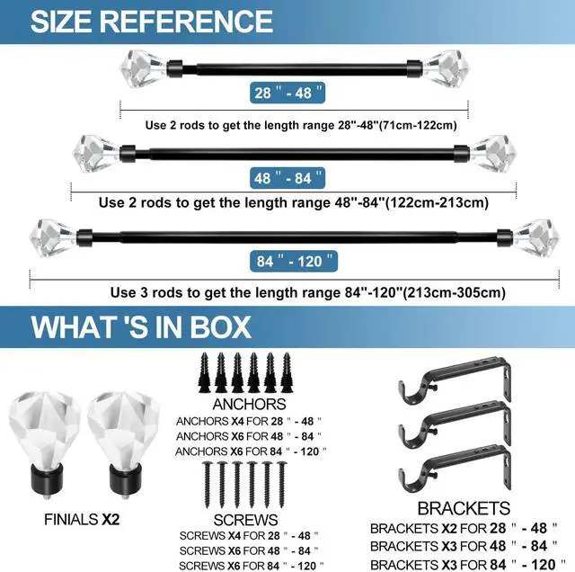 Alt view image 4 of 6 - Urbanest Pierre Cut Crystal Drapery Curtain Rod Set 3/4" (Black, 28"-48")