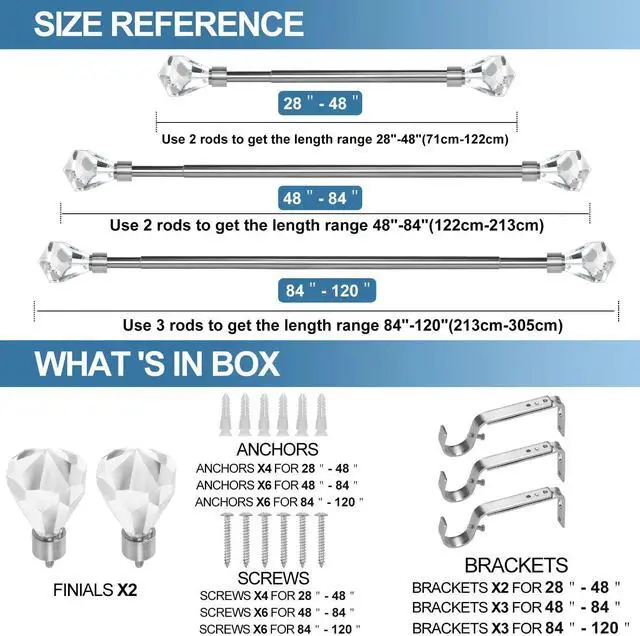 Alt view image 4 of 6 - Urbanest Pierre Cut Crystal Drapery Curtain Rod Set 3/4" (Brushed Steel, 48"-84")