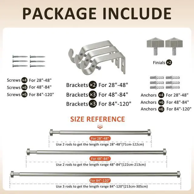 Alt view image 5 of 7 - N Urbanest 5/8" Diameter Single Telescopic Curtain Rod Set with Octagonal Finials, 28"-48", Pewter