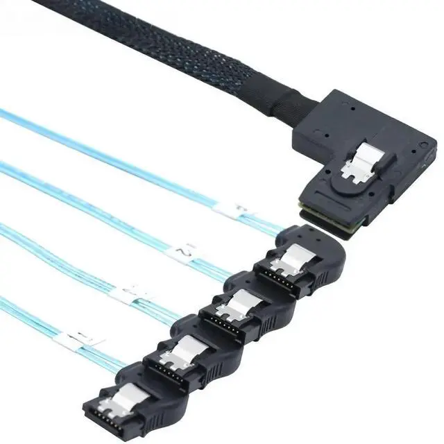 Main image of Mini SAS HD SFF-8087 Right-Angle to 4 SATA 7P Right-Angle Cable Internal Server Connections