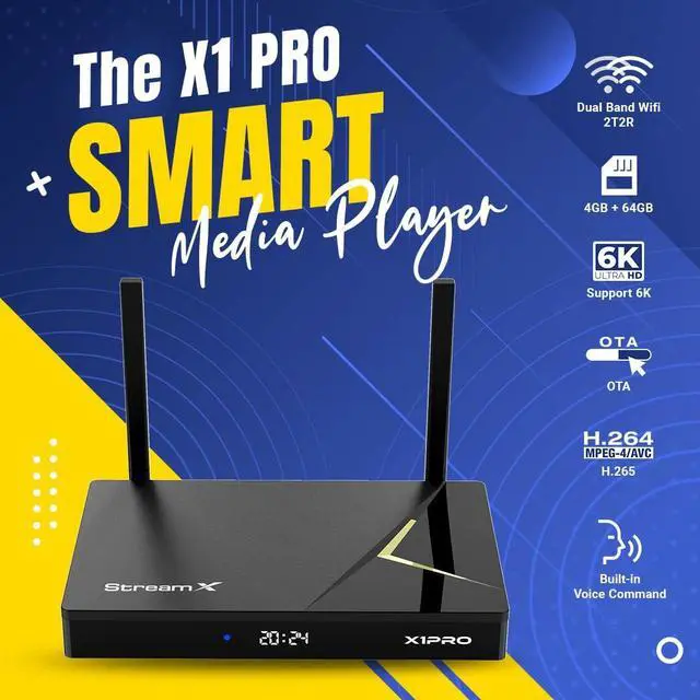 Main image of StreamX X1 Pro Portable Smart Android TV Box, 4GB+64GB Storage, Voice Remote Control, 6K Ultra HD, WiFi-6 Supported, HDMI Cable, 1000Mbps Ethernet Port, Instruction Manual