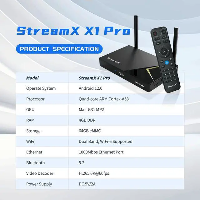 Alt view image 6 of 7 - StreamX X1 Pro Portable Smart Android TV Box, 4GB+64GB Storage, Voice Remote Control, 6K Ultra HD, WiFi-6 Supported, HDMI Cable, 1000Mbps Ethernet Port, Instruction Manual