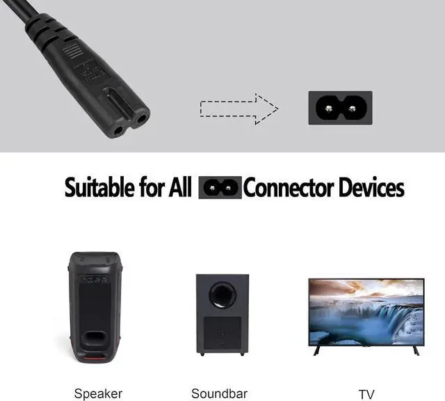 Alt view image 2 of 7 - DIXSG 2Prong AC Power Cord for JBL PartyBox 100 110 200 300 310 710 1000 On-The-Go Speaker JBL Soundbar 2 Prong Power Cable Replacement 5Ft