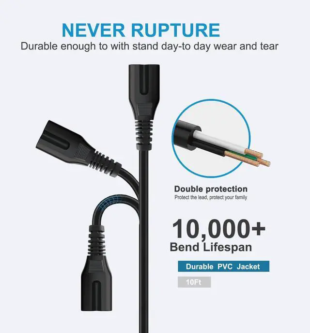 Alt view image 4 of 4 - DIXSG 2 Prong AC TV Power Cord for Sam-sung UN40 UN43 UN48 UN49 UN50 UN55 UN60 UN65 UN70 UN75 UN78 Series 4k Smart TV P/N C7 Charger 5FT Cable Replacement