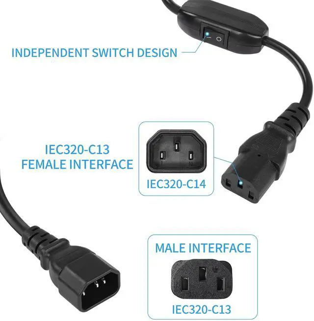 Alt view image 5 of 7 - DIXSG PDU UPS Power Cord Cable 18AWG IEC 320 C14 to C13 with On/Off Switch Style Computer Power Extension Cable 1ft