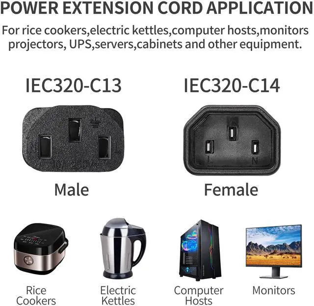 Alt view image 7 of 7 - DIXSG PDU UPS Power Cord Cable 18AWG IEC 320 C14 to C13 with On/Off Switch Style Computer Power Extension Cable 1ft