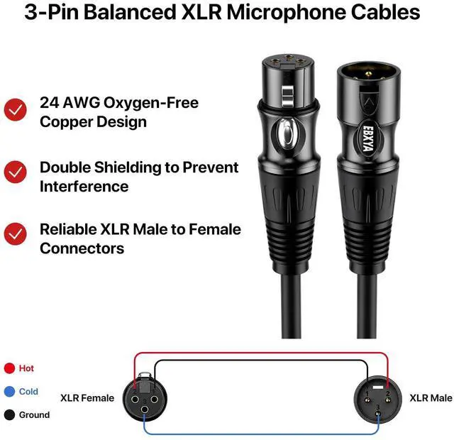 Alt view image 2 of 6 - EBXYA XLR Cables 2ft 10 Pack - 3 Pins Balanced XLR Microphone Cable Male to Female Suitable for Audio Mixer, Speaker Systems, Radio Station
