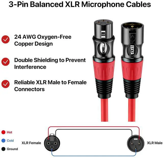 Alt view image 2 of 7 - EBXYA XLR Cables 10 ft - Premium Balanced Microphone Cable with 3-Pin XLR Male to Female Cable, Red