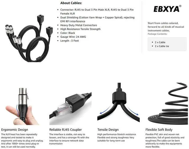 Alt view image 5 of 7 - EBXYA DMX XLR 3 Pin Y Splitter to RJ45 Cable - RJ45 to Dual XLR Male & Dual Female Cable for Stage and Recording Studio 1 Pair(3 Feet)