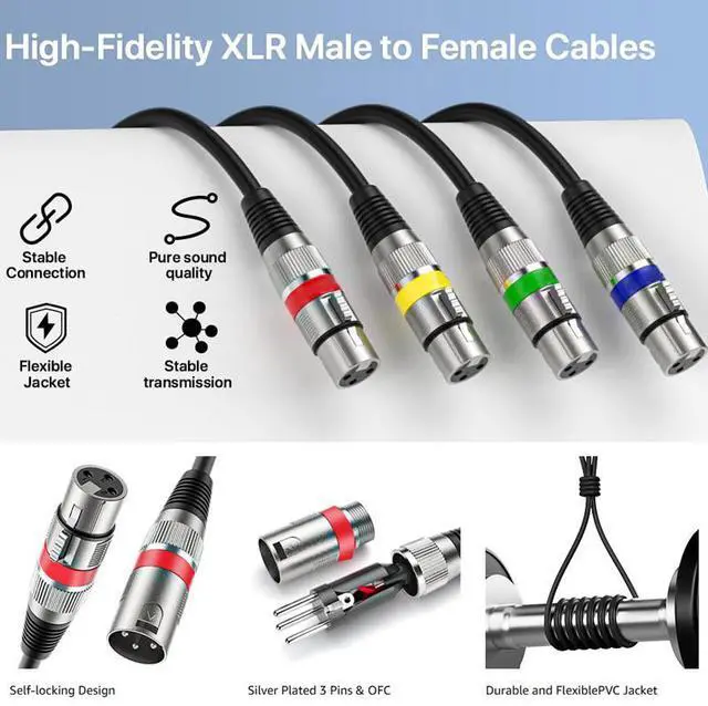 Alt view image 2 of 7 - EBXYA XLR Cable 15ft 4 Packs - Premium Balanced DMX Cable with 3-Pin XLR Male to Female Microphone Cable, Black