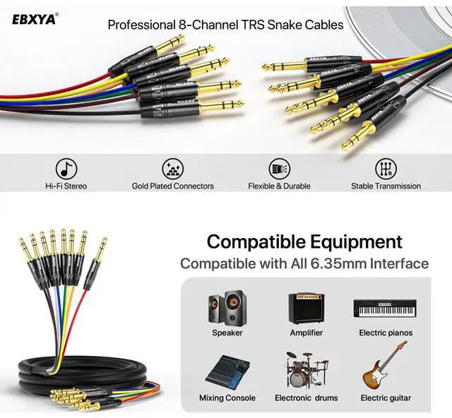 Alt view image 4 of 6 - EBXYA 8-Channel 1/4 Inch TRS to TRS Snake Cables 10ft, 6.35mm Male Jack Stereo Audio Balanced Line for Keyboard, Amplifier, Speaker, Mixer, 1 Pack