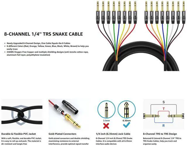 Alt view image 5 of 6 - EBXYA 8-Channel 1/4 Inch TRS to TRS Snake Cables 10ft, 6.35mm Male Jack Stereo Audio Balanced Line for Keyboard, Amplifier, Speaker, Mixer, 1 Pack