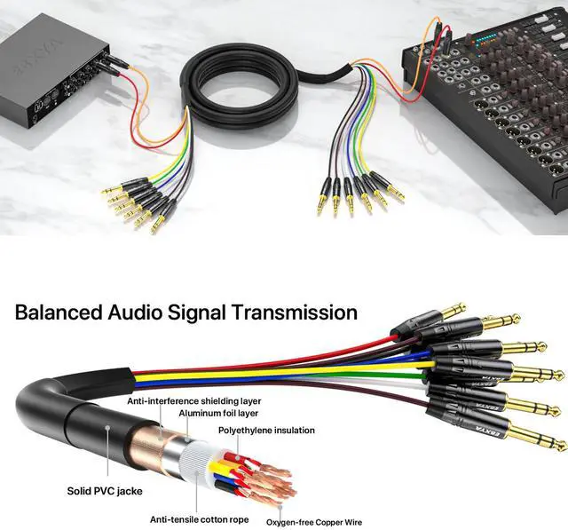 Alt view image 2 of 6 - EBXYA 8-Channel 1/4 Inch TRS to TRS Snake Cables 10ft, 6.35mm Male Jack Stereo Audio Balanced Line for Keyboard, Amplifier, Speaker, Mixer, 1 Pack