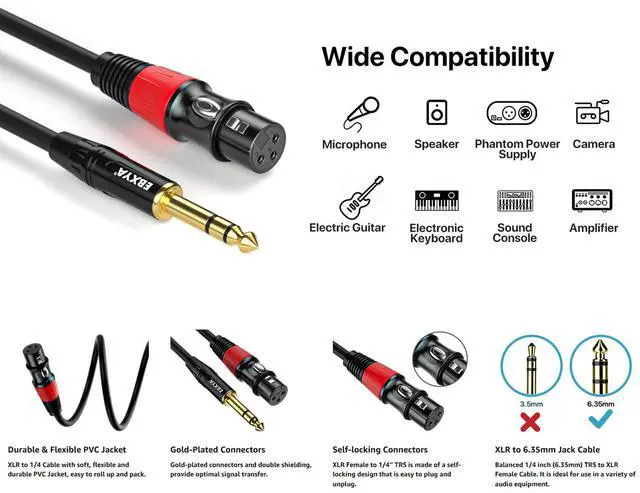 Alt view image 3 of 5 - EBXYA XLR Female to 1/4 Inch TRS - Balanced XLR Microphone Cable to 6.35mm Jack Lead, 10ft 2 Pack