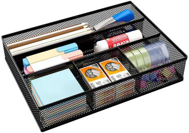 Main image of EasyAPG Desk Drawer Organizer with 5 Compartments, Metal Mesh Storage Tray with Anti-Slip Pads for Office, Kitchen, Bathroom - Black