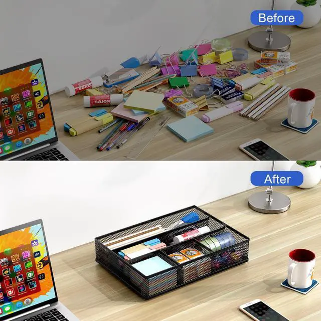 Alt view image 4 of 7 - EasyAPG Desk Drawer Organizer with 5 Compartments, Metal Mesh Storage Tray with Anti-Slip Pads for Office, Kitchen, Bathroom - Black