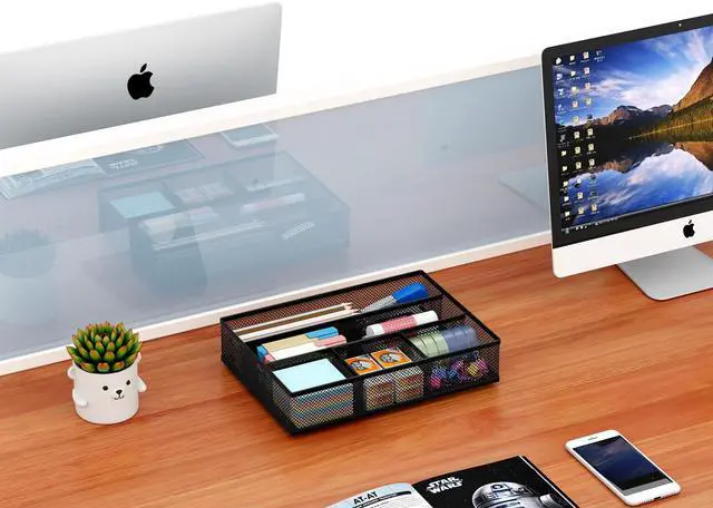 Alt view image 7 of 7 - EasyAPG Desk Drawer Organizer with 5 Compartments, Metal Mesh Storage Tray with Anti-Slip Pads for Office, Kitchen, Bathroom - Black
