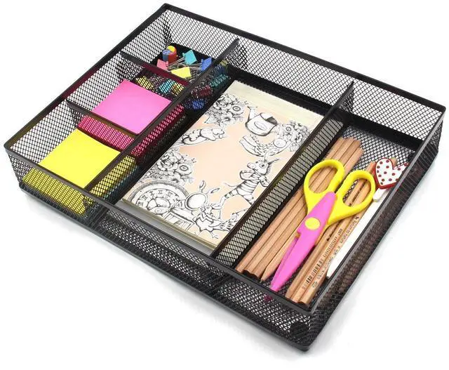 Alt view image 4 of 5 - EasyAPG Desk Drawer Organizer with 5 Compartments, Metal Mesh Storage Tray with Anti-Slip Pads for Office, Kitchen, Bathroom - Black