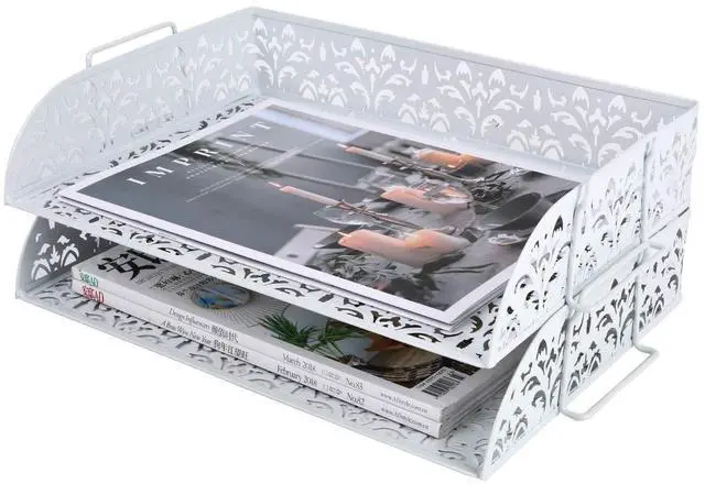 Main image of EasyPAG 2-Tier Stackable Desk Tray, Heavy-Duty Metal File Organizer - No Assembly, Space-Saving for A4 Paper, Binders & Office Supplies, White