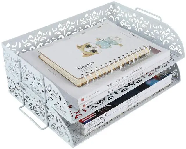 Alt view image 2 of 7 - EasyPAG 2-Tier Stackable Desk Tray, Heavy-Duty Metal File Organizer - No Assembly, Space-Saving for A4 Paper, Binders & Office Supplies, White