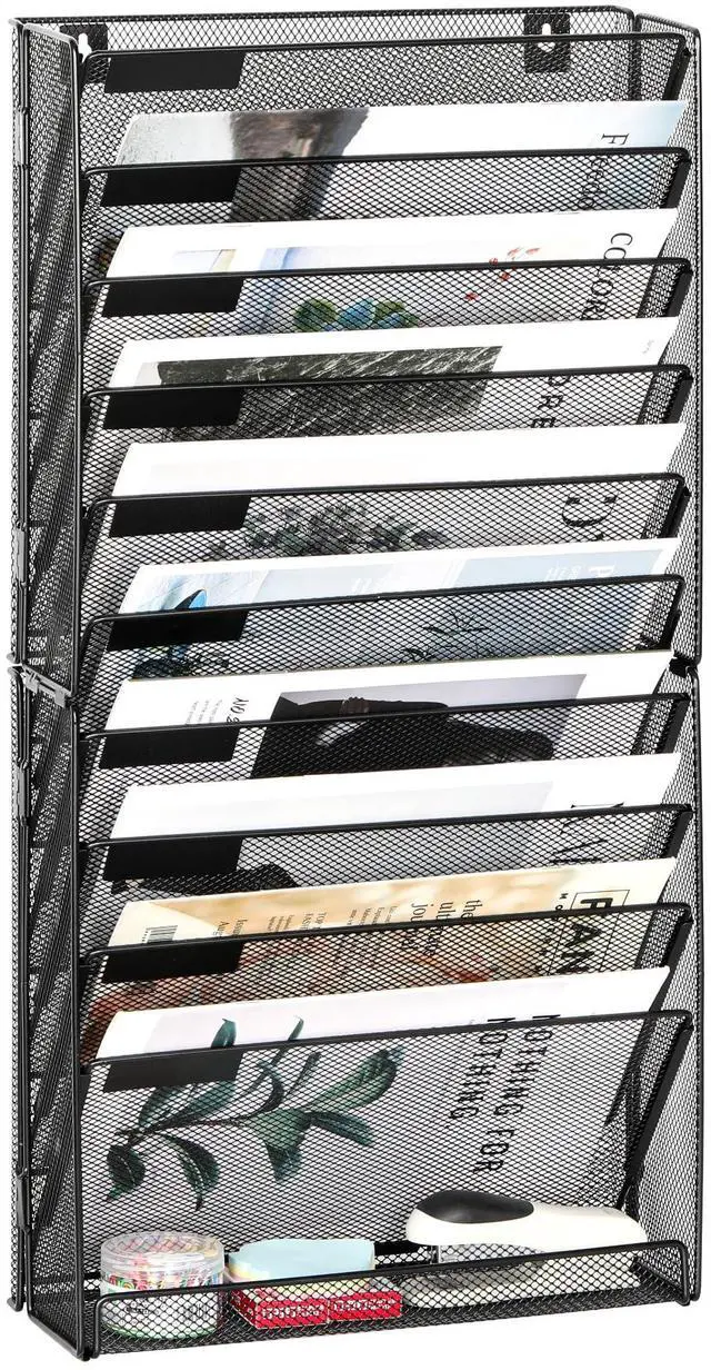 Main image of EasyPAG 14-Tier Mesh Metal Wall File Organizer | Tool-Free Hanging Organizer with Label Panels & Flat Tray for Office Home, 13 Folders Capacity + White Labels (11-Tier Black)