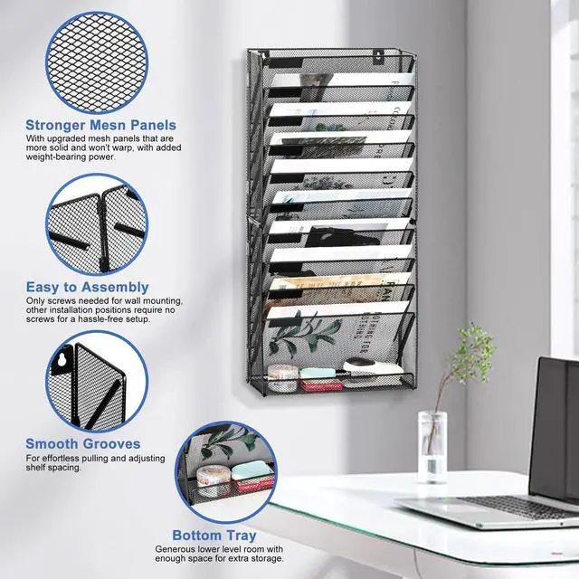 Alt view image 2 of 7 - EasyPAG 14-Tier Mesh Metal Wall File Organizer | Tool-Free Hanging Organizer with Label Panels & Flat Tray for Office Home, 13 Folders Capacity + White Labels (11-Tier Black)