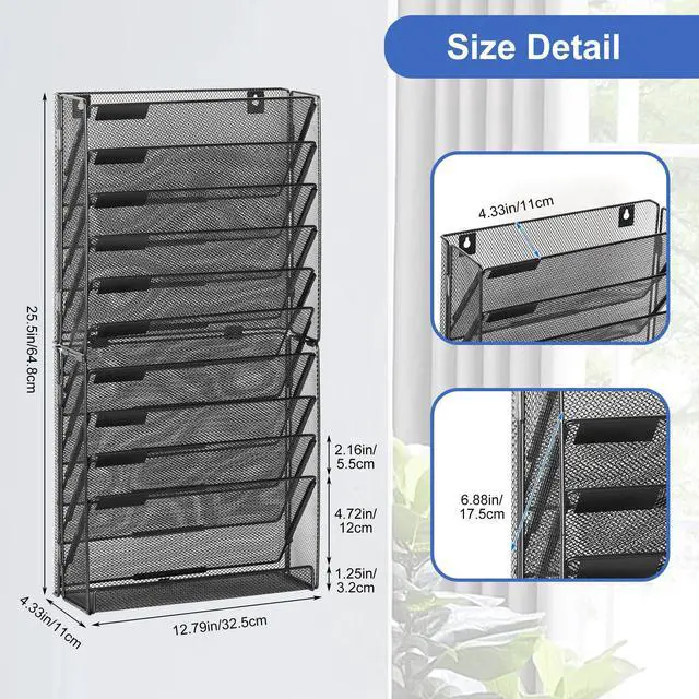 Alt view image 3 of 7 - EasyPAG 14-Tier Mesh Metal Wall File Organizer | Tool-Free Hanging Organizer with Label Panels & Flat Tray for Office Home, 13 Folders Capacity + White Labels (11-Tier Black)