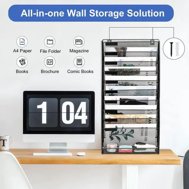 Alt view image 5 of 7 - EasyPAG 14-Tier Mesh Metal Wall File Organizer | Tool-Free Hanging Organizer with Label Panels & Flat Tray for Office Home, 13 Folders Capacity + White Labels (11-Tier Black)