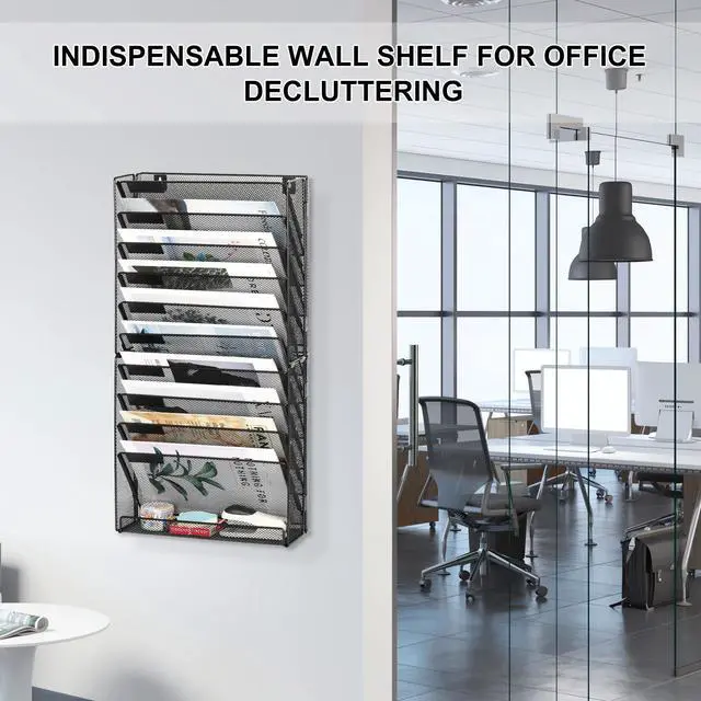 Alt view image 4 of 7 - EasyPAG 14-Tier Mesh Metal Wall File Organizer | Tool-Free Hanging Organizer with Label Panels & Flat Tray for Office Home, 13 Folders Capacity + White Labels (11-Tier Black)
